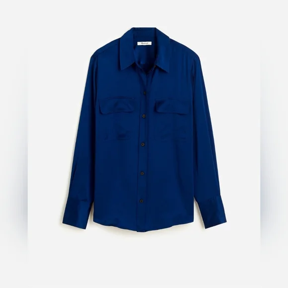 NWT Madewell Silk Flap-Pocket Button-Up Shirt $148 deep cobalt Blue medium - Picture 5 of 11